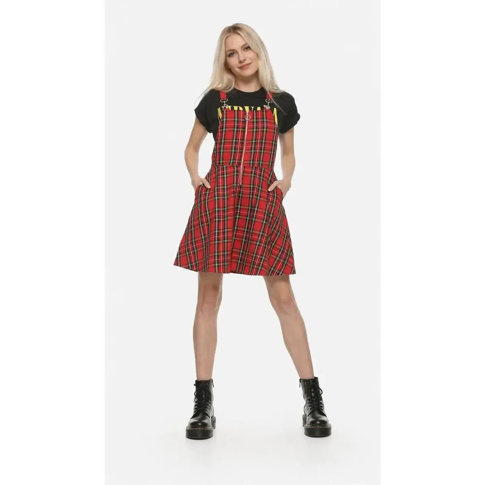 Hot Topic Plaid O-Ring Skirtall Overall Dress Womens Small Pockets Red Black - Picture 1 of 13